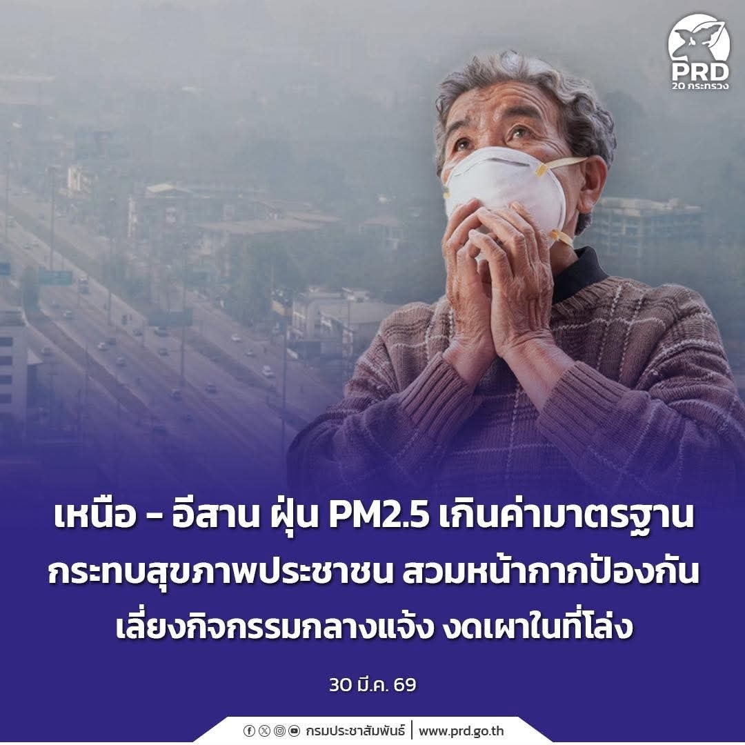 เหนือ - อีสาน ฝุ่น PM2.5 เกินค่ามาตรฐาน กระทบสุขภาพประชาชน สวมหน้ากากป้องกัน  เลี่ยงกิจกรรมกลางแจ้ง งดเผาในที่โล่ง