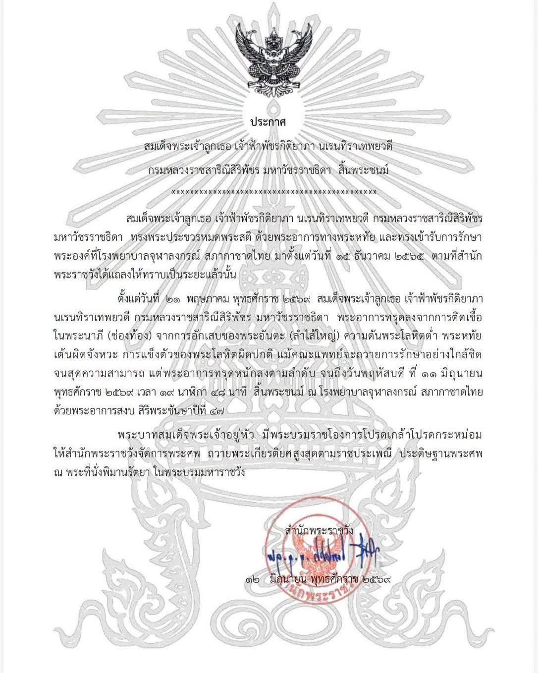 ประกาศ สมเด็จพระเจ้าลูกเธอ เจ้าฟ้าพัชรกิติยาภา นเรนทิราเทพยวดี กรมหลวงราชสาริณีสิริพัชร มหาวัชรราชธิดา สิ้นพระชนม์
